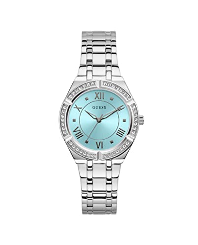 GUESS Silver-Tone and Teal Crystal Analog Watch Silver one COSMO