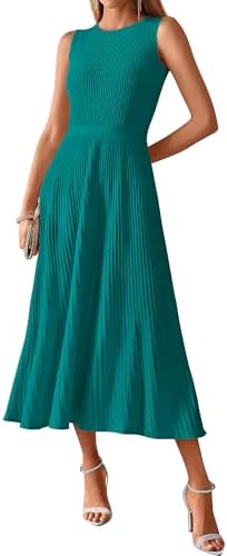 BTFBM Women Midi Bodycon Tank Dress Summer Crewneck Sleeveless Pleated A Line Business Casual Knit Sweater Fall Dresses