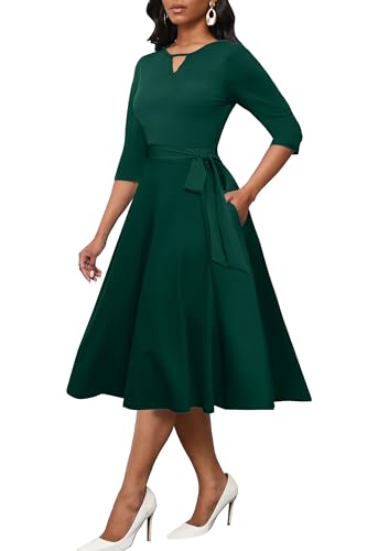 CLOCOR Casual Midi Dresses for Women 3/4 Sleeve High Waist A-Line Flowy  Modest Party Cocktail Church Dress Green L at Amazon Women's Clothing store