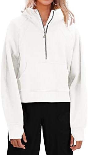 Womens Hooded Pullover Sweatshirts Half Zipper Crop Hoodie Fleece Lined Collar Zip Up Hoodies Cropped Long Sleeve Tops