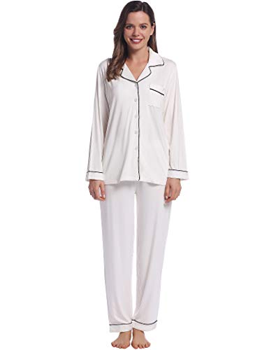 Image of Joyaria Women's Cooling Bamboo Viscose Pajama Set Long Sleeve Button Front | Hot Sleeper Comfort . Cooling Relief . Lightweight Feel for Sleeping & Lounging