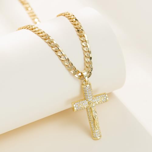 14k Gold-Plated Cuban Figaro Chain with Jesus Christ Crucifix, Cross Necklace for Men And Women,24 inches Long and 6mm wide2