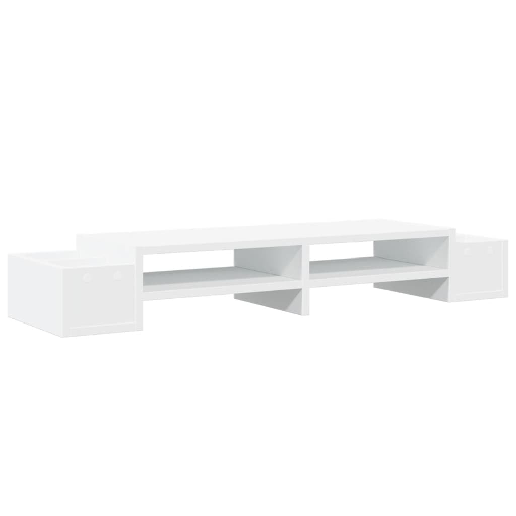 Supporto per monitor con vano portaoggetti, bianco, 100 x 27 x 15 cm, in legno, da scrivania, ergonomico, per ufficio, casa, con 4 scomparti e portata 30 kg