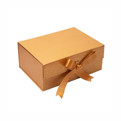 Boxotica Golden Small Gift Box – Foldable Rigid Hamper with Ribbon & Greeting Card, Reusable Keepsake Box for Dry Fruits, Weddings, Birthdays, Housewarming Return Gifts, Thambulam & Vratham Kits | 23.5×17×10 cm