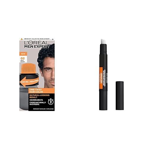 L’Oreal Paris Men Expert One Twist Mess Free Permanent Hair Color, Mens Hair Dye to Cover Grays, Real Black, Kit + Instant Temporary Beard Color, Beard Filler, Natural Black, 0.05 Fl Oz