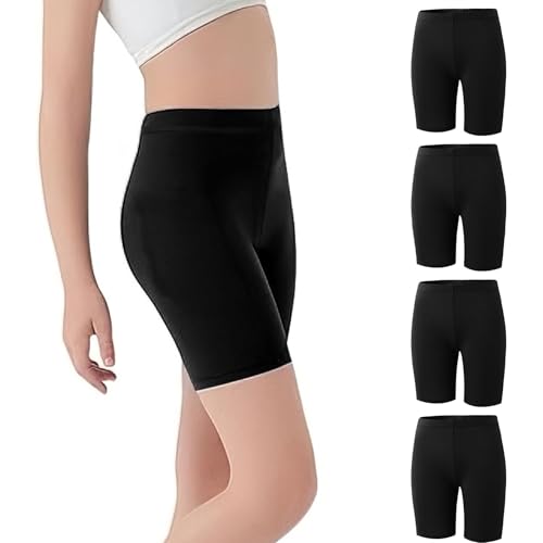 InfiniZer 4 Pack Girls Cycling Shorts Breathable Dance Cycle Gymnastic PE Shorts Under Dress Leggings for Teen Kids Girls Age 5-12 (Age 11-12 Years Black)