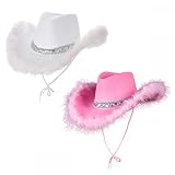 2 Stück Texanische Cowgirl-Hüte mit Marabu-Feder (1 x Rosa und 1 x Weiß): Erwachsene Wild West Rodeo Cowboy Kostüm Zubehör Set