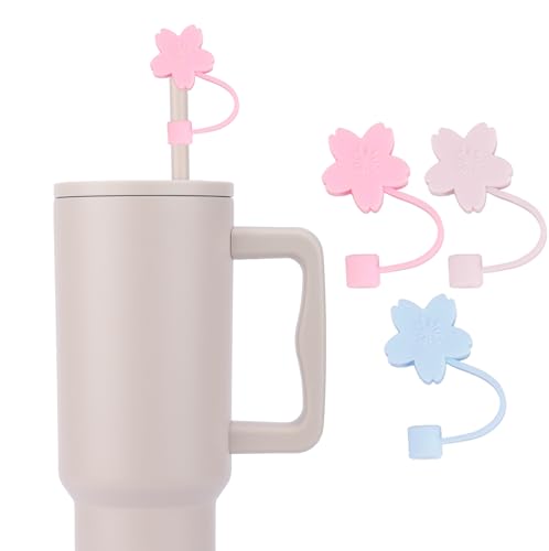 Image of House of Quirk 3PCS Silicone Flower Straw Covers - Cute Straw Caps Compatible with 8mm Tumblers, Reusable Anti-Dust Straw Lids for Cups, Glasses, Mugs, and Tumblers (Light Pink /Pink /Blue)