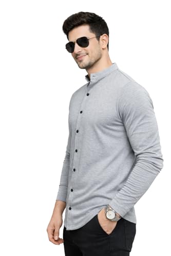 Image of Blisstone Men's Band Collar Shirt - Full Sleeve Slim Fit Casual Cotton Blend Mandarin Collar Button Down Shirt