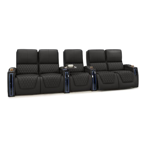 Image of Seatcraft Apex Black Italian Leather Home Theater Seating, Zero Gravity Power Recliner Chair, Powered Headrest and Lumbar Gaming and Lounge Sofa Furniture for Cinema Room, Row of 5 Dual Loveseats