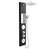 ROVOGO Shower Panel Tower System with Shelf, Adjustable Shower Arm, Rainfall Shower Head, Body Jets and Handheld, Thickened Shower Column with Safe Round Corners, Black Panel with Chrome Fixtures