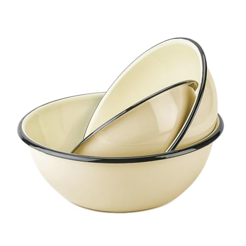 STP GOODS Enamel Bowl Set of 3 pcs Enamel Serving Bowls Enameled Steel Mixing Bowls for Cooking Prepping Kitchen Fruit Salad Bowl Dishwasher Safe (Ivory)