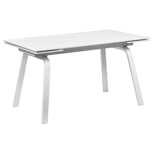 Meubletmoi Table de Repas Extensible L. 140/200 cm avec Plateau en Céramique Blanc Marbré et Pieds Évasés en Métal Blanc Mat - Toshiro