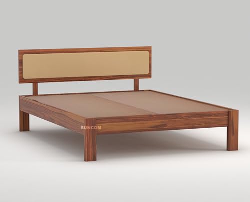Image of SUNCOM Wooden Queen Size Bed for Bedroom | Wooden Double Bed | Platform Cot Bed with Upholstered Cushioned Headboard | 6.5 x 5 Ft | Sheesham Solid Wood, Honey Finish