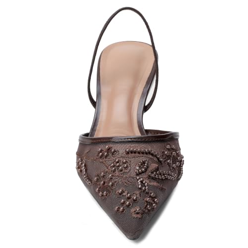 Image of Embroidered Mesh Slingback Heels for Women White Pearl Kitten Heel Pumps Pointed Toe Backless Wedding Shoes