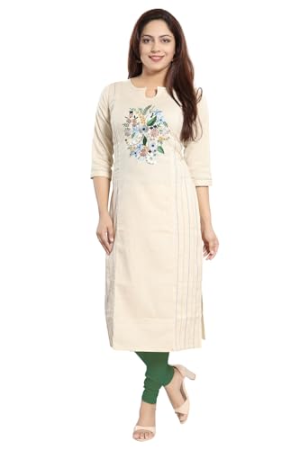 Image of DREAM & DZIRE Women's Cotton Kurti Beige in Colour Hand embrioderied for All Plus Size and Small Size
