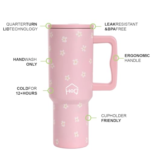 Image of House of Quirk 1200ML Stainless Steel Tumbler with Handle & Lid, 2 Straws - Large Travel Mug Water Cup for Gym, Office & Outdoor Use (Pink Daisy)