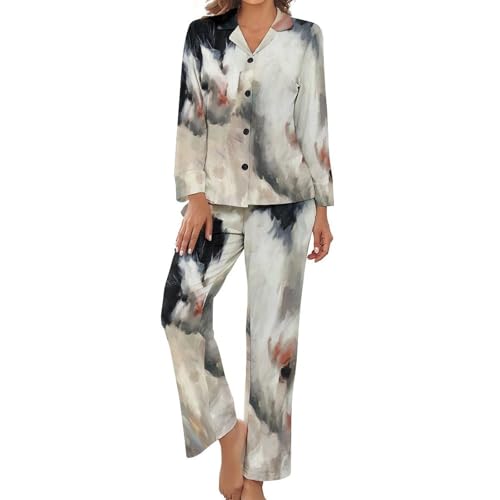 Pyjama femme chat smoking imprimé en deux pièces fluide pour le printemps