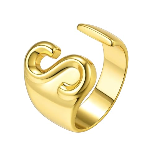 Suplight Nikel Free 18K Gold Plated Letter Rings, Fashion Monogram Jewelry Statement A-Z Wide Name Initial Alphabet Adjustable Open Ring for Women