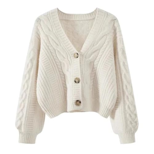 Womens Cable Knit Cardigan V-Neck Button-Up Crop Sweater Jacket Long Sleeve Vintage Outfit Slim Fit Top4
