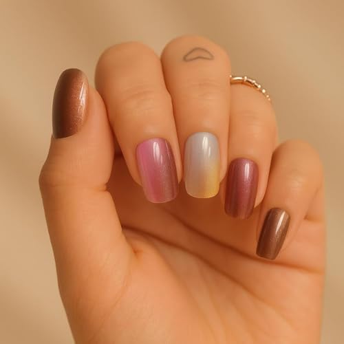 Image of 24 Pcs Reusable Artificial Nails Fake Nails with Glue and Kit|Sunset Metallic Shimmer Colour Shift Press On Nails | Medium Square | Cat Eye Chrome Effect | Long Lasting UV Protected ABS |Salon fresh look