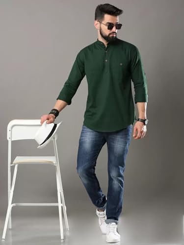 Image of DEEMOON Men's Cotton Blend Full Sleeve Short Kurta with Mandarin Collar Crafted from a Premium Cotton Blend
