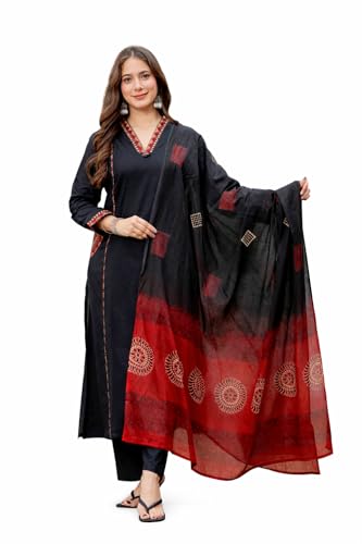 MEERA FAB Women Floral Printed Pure Cotton Straight V-Neck Side Pocket Kurta with Palazzos & Dupatta