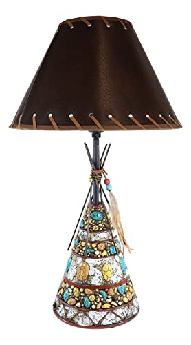 Ebros Gift Country Southwestern Rustic Indian Teepee Hut With Dreamcatcher Feathers And Turquoise Rocks Hand Painted Desktop Table Lamp With Brown Faux Leather Laced Shade Western Home Decor Accent #TOP4
