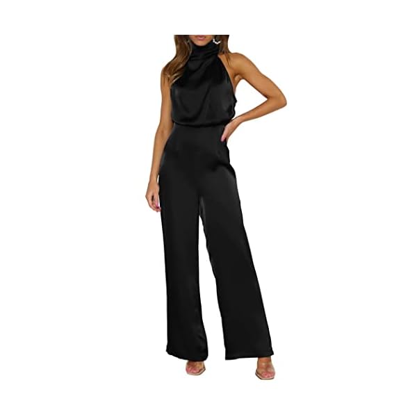PRETTYGARDEN Women's Satin Jumpsuits 2023 Summer One Piece Outfits Mock Neck Sleeveless Wide Leg Pants Rompers (Black,Large)