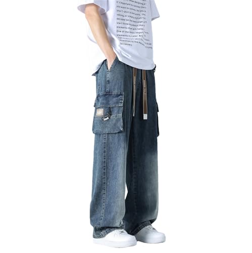 Men's Summer Straight Jeans Multi-Pockets Wide Leg Denim Cargo Pants Lightweight Baggy Jeans Trousers