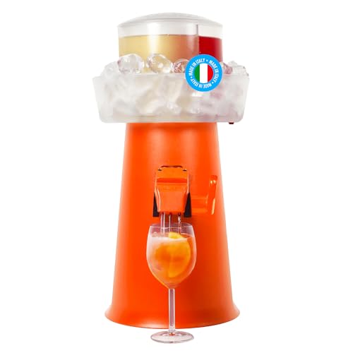 Sprizzer Machine per lo Spritz, Dispenser con Miscelatore per Aperitivo e Aperol Spritz, Contenitore per Ghiaccio, 3L, Erogatore Manuale senza Elettricità/Batterie, Arancione, Made in Italy