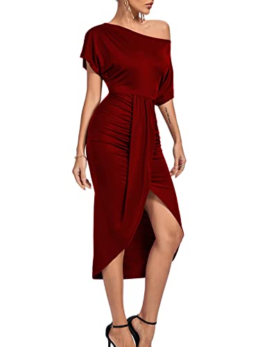 LYANER Women's One Off The Shoulder Ruched Wrap Front Split Hem Draped Party Midi Dress3