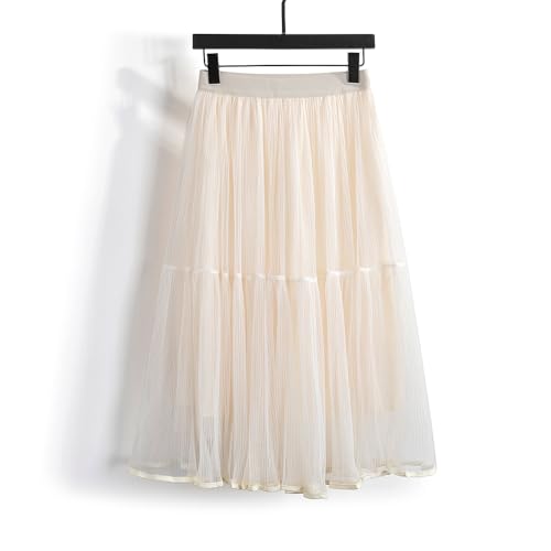 Summer Elegant Pleated Solid Elastic Waist Tulle Patchwork Flare Women Midi Skirt3