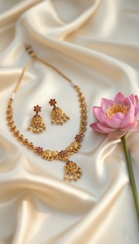 Image of Traditional Gold-Plated Lakshmi Temple Pendant Necklace Set for Women | Antique South Indian Jewelry with Jhumka Earrings | Ethnic Bridal, Wedding & Festive Jewelry Set