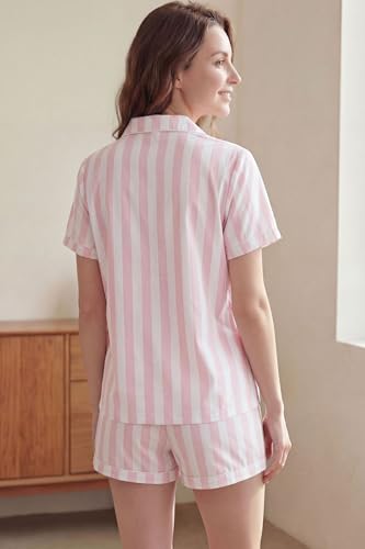 Image of LUBOT 100% Cotton Pajamas for Women 2 Piece PJ Set Poplin Woven Lightweight Ladies Button Short Sleeve Sleepwear S-XXL