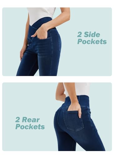 KYAL Women's High Waisted Flared Jeans Pull On Wide Leg Jeans Stretchy Denim Pants, V Cross Tummy Control Flare Pants3