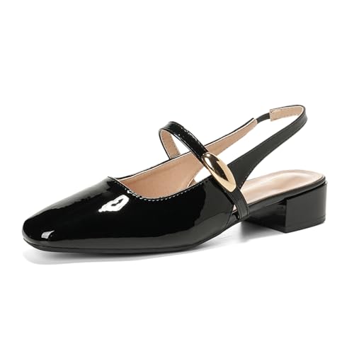 Women's Mary Jane Chunky Low Heels Slingback Pumps Closed Square Toe Patent Leather Wedding Party Office Dress Shoes