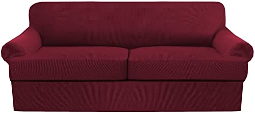 SUBECO Funda de sofá elástica, Funda de sofá de 3 Piezas con 2 Fundas de Asiento de cojín en T Individuales, Fundas de sofá de Punto Jacquard Protector de Muebles para decoración del hogar