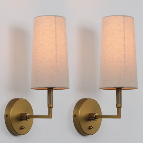 Image of Brass Wall Sconces Set of Two, Hardwired Linen Fabric Shade Wall Lamps, Bathroom Vanity Lights Fixture with Switch, Indoor Wall Lights for Bedroom Living Room Corridor