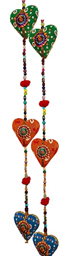 Craft N Copper Door Hanging Decorative Cotton Heart in Vibrant Color Stringed with Beads and Bell Indian Hanging Traditional Decoration 2 Layer (Multi)