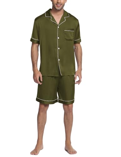 Image of Ekouaer Mens Satin Pajamas Set Button-Down Short Sleeve Shirt Top Soft Silk Sleepwear Shorts with Pockets