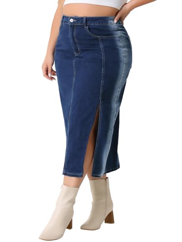 Agnes Orinda Plus Size Denim Skirt for Women High Waist Side Slit Button with Pocket Jean Denim Skirts2