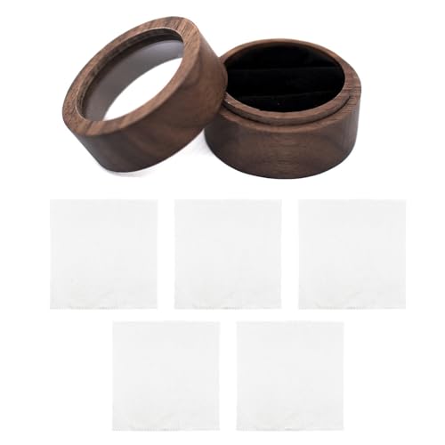 HDGSAFD 1 caja para anillos y 5 paños de pulido, con ventana transparente, caja de anillos de madera, accesorios de boda, caja de almacenamiento de joyas