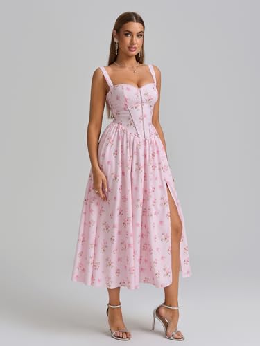 Image of KUTUMAI Floral Corset Midi Dress Flowy Slit Summer Spring Wedding Guest Dresses for Women Sundress with Pockets