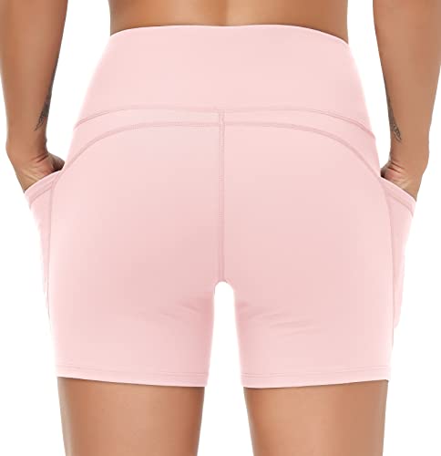 THE GYM PEOPLE High Waist Yoga Shorts for Women Tummy Control Fitness Athletic Workout Running Shorts with Deep Pockets