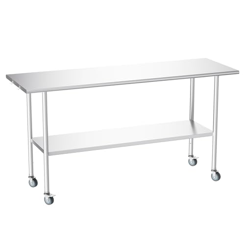Image of Atelicf NSF Stainless Steel Prep Table 24X72 inch, Flat Top & Casters | Mobile commercial-grade table for restaurants, kitchens, food trucks, breweries, bars, garages, and BBQ