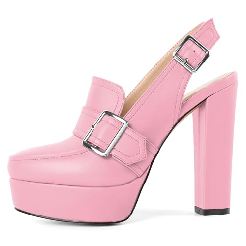 Image of Women's High Heel Loafers Platform Pumps Round Toe Heels Chunky Heel Pumps Stylish Comfortable 4.8 Inch Slingback Heels