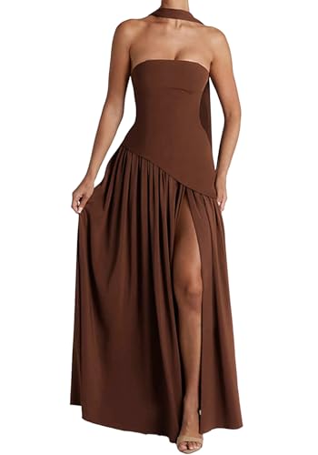 Women's Elegant Strapless Long Dress with Scarf Cocktail Wedding Guest Prom Maxi Dresses with Slit