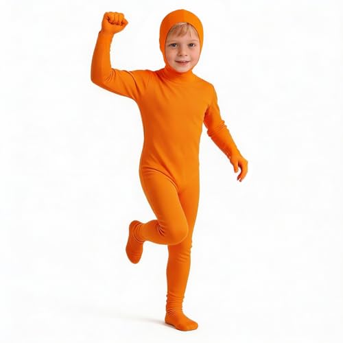 CHUANFU Disfraz de Cosplay Zentai Naranja, 140 cm Ajustado Traje de Cuerpo Entero, Cara Abierta Cosplay Mono de Cuerpo Entero, Disfraces para Niños Unisex para Fiesta Halloween Navidad