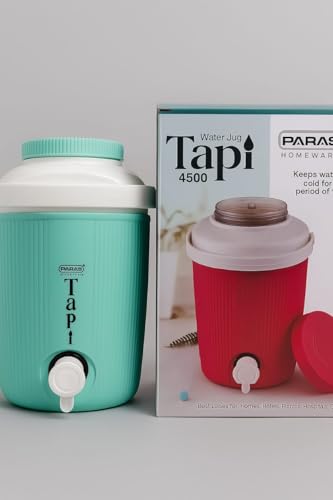 Image of Water Dispenser, Turquoise Plastic Container with Tap, Ribbed Design